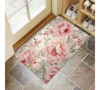 Tapis de Porte d'entrée Fleurs de Pivoine et Feuilles Vertes Paillasson Attrape-Poussière Illustrations Florales Fin Tapis de Sol Antidérapant Lavable pour intérieur, Couloir,80 x 120 cm, Rose