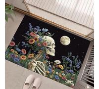 Tapis de Porte d'entrée Le Squelette était recouvert de Fleurs Paillasson Attrape-Poussière Art Fantastique Fin Tapis de Sol Antidérapant Lavable pour intérieur, Couloir, Cuisine, 45 x 75 cm, Bleu