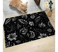 Tapis de Porte d'entrée Plantes Et Fleurs En Spirale Paillasson Attrape-Poussière Motif Cachemire Fin Tapis de Sol Antidérapant Lavable en Machine pour intérieur, Couloir, Cuisine, 60 x 90 cm, Noir