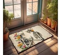 Tapis de porte d'extérieur pour entrée extérieure Squelettes romantiques en fleurs : une rencontre florale fantaisiste Paillasson Décoration de porche de printemps Décoration de maison de lac (65 x 90