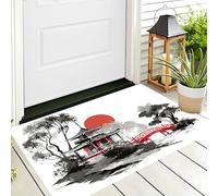 Tapis de porte d'intérieur en Style de peinture à l'encre, motif Soleil rouge au-dessus du pont de la pagode Noir et rouge,décoration d'intérieur, tapis d'extérieur pour l'intérieur, l'entrée