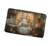 Tapis De Porte Fantôme d'halloween Assis sur Les Toilettes Lisant Un Journal Citrouille, Indestructible Tapi Salle De Bain Anti-Saleté Paillasson 40X60Cm pour Intérieur Extérieur Chambre