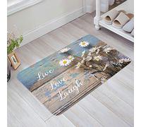 Tapis De Porte Fleur Blanche Vivre Aimer Rire avec Un Grain De Bois Bleu-Brun Vieilli Paillasson D'Entrée Drole Maison Deco Tapis De Sol Antidérapant, pour Salle De Bain, Cuisine, 40x60cm