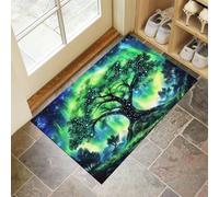 Tapis de Porte Forêt Enchantée Paillasson Arbre des Aurores Boréales 50 x 80 cm Absorbe l'eau et Ramasse La Saleté Facile à Nettoyer Tapis pour Couloir, Entrée, Cuisine, Vert Fluorescent