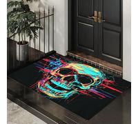 Tapis De Porte Intérieur Extérieur 40 x 60 cm, Design en Illustrations de crânes Crâne électrique Tapis D'Extérieur Antidérapant,Paillasson Absorbant Et Lavable,Bleu-Vert