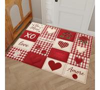 Tapis de Porte Lavable, 50 x 80 cm Tapis de Sol Mots Expressions D'Amour Antidérapant Paillasson Avant Intérieur Tapis Mince Patchwork À Carreaux Rétro pour Cuisine, Jardin, l'entrée Hall, Rouge
