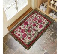 Tapis de Porte Lavable Fleurs Rétro, 90 x 150 cm Tapis de Sol Peinture Miniature Indienne Antidérapant à l'intérieur Paillasson Absorbant pour la Cuisine, Le Jardin, l'entrée du Hall - Rouge Foncé