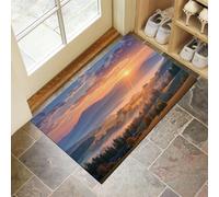 Tapis de Porte Lever Soleil Sur Les Montagnes Paillasson d'Entree Interieur Lavable Village La Vallée Tapis Antidérapant et Anti-Poussière pour Chambre, Cuisine, Entrée, Couloir, 60 x 90 cm, Orange