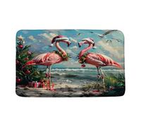 Tapis De Porte Noël Flamant Roses Tropical Grand Oiseau Boules De Noël Océan Plage Palmier Côtier Bonne Année Festif Tapis Interieur Absorbant Antidérapant Paillasson pour Exterieur 40X60Cm