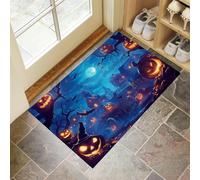 Tapis de Porte Nuit D'Halloween 40 x 60 cm Paillasson Interieur Entree Antidérapant Village Hanté De Citrouilles Tapis Absorbant Lavable, Tapis d'Entrée Fin pour Entrée Maison, Couloirs, Portes - Bleu
