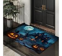 Tapis de Porte Nuit D'Halloween 50 x 80 cm Paillasson Interieur Entree Antidérapant Maison Hantée D'Horreur Tapis Absorbant Lavable, Tapis d'Entrée Fin pour Entrée Maison, Couloirs, Portes - Bleu-Vert