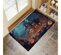 Tapis de Porte Nuit d'halloween Lavable 90 x 150 cm, Tapis de Sol Maison Hantée du Cimetière Antidérapant à l'intérieur, Paillasson Avant Intérieur pour Jardin, l'entrée du Hall- Bleu-Vert
