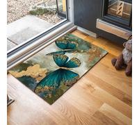 Tapis de Porte Papillon En Feuille D'Or, Paillasson L'Esthétique L'Âge D'Or 90 x 150 cm Tapis Interieur et Extérieur Antidérapant Absorbant, Facile à Nettoyer, Chambre, Cuisine, Couloir - Bleu-Vert