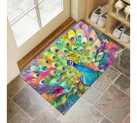 Tapis de Porte Peinture À L'Aquarelle De Plumes Paillasson Paon 90 x 150 cm Absorbe l'eau et Ramasse La Saleté Facile à Nettoyer Tapis pour Couloir, Entrée, Cuisine, Multicolore