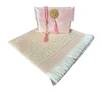 Tapis de prière musulman et perles avec sac en tissu flammé élégant | Janamaz | Sajadah | Tapis de prière islamique doux | Cadeaux islamiques et Mawlid | Tapis de prière en taffetas (rose, 1 ensemble)