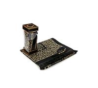 Tapis de prière musulmane et perles de prière avec coffret cadeau élégant | Janamaz | Sajadah | Ensemble cadeau islamique | Tapis doux en taffetas noir