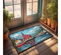 Tapis de printemps extérieur coloré Ushuaia Village avec bateaux et montagnes Paillasson extérieur automne paillasson intérieur (65 x 90 cm)