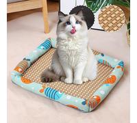 Tapis de refroidissement d'été pour animal de compagnie, tapis de lit en rotin naturel pour animaux de compagnie, nid d'été en lin tissé, respirant, carré, lavable avec bord pour chiens et chats (bleu