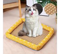 Tapis de refroidissement d'été pour animal de compagnie, tapis de lit en rotin naturel pour animaux de compagnie, nid d'été en lin tissé, respirant, carré, lavable avec bord pour chiens et chats