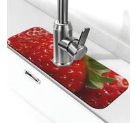 Tapis de robinet rouge fraise pour évier de cuisine - Mise à niveau premium 2025 : robinet en diatomite super absorbant à séchage rapide avec ventouse lavable pour évier de cuisine, 14 x 38 cm