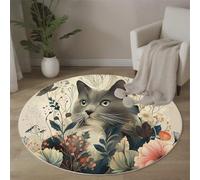 Tapis de Rond à Poils Courts 120cm Fleur Sauvage Du Chat Gris Moquette Antidérapant, Lavable Style Rétro Tapis de Sol Décoratif Doux et Moelleux pour Salon Chambre Descente de Lit Canapé, Beige