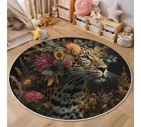 Tapis de Rond à Poils Courts 180cm Léopard Élégant Moquette Antidérapant, Lavable La Nature Sauvage Des Animaux Tapis de Sol Décoratif Doux et Moelleux pour Salon Chambre Descente de Lit Canapé, Brun
