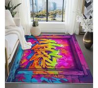 Tapis de rue tendance graffiti antidérapant, lavable, à poils courts doux, design moderne et élégant, coloré, 60 x 110 cm, parfait pour le salon et la chambre à coucher