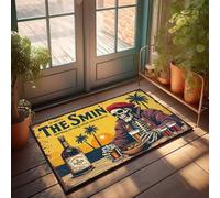 Tapis de salle de bain amusant avec tête de mort dans un béret rouge appréciant la bière et les noix au coucher du soleil - Paillasson de plage Welcome Ish (40 x 60 cm)