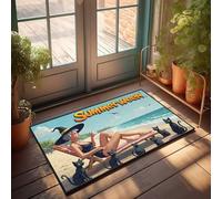 Tapis de salle de bain amusant Summerween: Sorcière relaxante avec chats noirs sur la plage Paillasson Welcome Ish (40 x 60 cm)