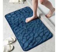 Tapis de salle de bain antidérapant et absorbant avec coussin en mousse à mémoire de forme et polaire corail, motif galets en relief pour salle de bain, toilettes et chambres à coucher (bleu foncé)