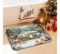 Tapis de salle de bain avec scène de camping et forêt d'hiver 50,8 x 81,3 | Tapis de douche et de toilettes, motif scène de forêt hivernale, illustration vintage confortable, surface en flanelle douce