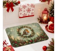 Tapis de salle de bain Couronne de rouge-gorge et houx 50,8 x 81,3 cm | Thème oiseaux d'hiver, tapis de bain, motif couronne de houx, texture en flanelle douce, décoration de sol de salle de bain