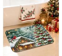 Tapis de salle de bain de Noël avec cabane en rondins d'hiver et scène | Scène de forêt d'hiver, tapis de douche, oiseau cardinal rouge, paysage enneigé, accents saisonniers de maison