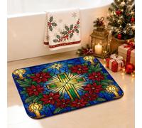 Tapis de salle de bain de Noël en forme de croix vitrail Poinsettia 40,6 x | Art vitrail Tapis de douche et WC Motif floral poinsettia Bougies lumineuses Thème vacances religieuses