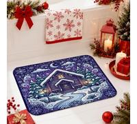 Tapis de salle de bain en forme de cabane en bois d'hiver, scène de nuit | Scène d'hiver, tapis de douche, toilettes, pins, horizon nocturne, art fantaisie, décoration de salle de bain saisonnière
