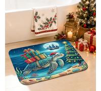 Tapis de salle de bain fantaisie de Noël avec illustration de tortue de mer | Thème océan, tapis de sol de salle de bain, illustration de boîte cadeau, style côtier, surface en flanelle douce