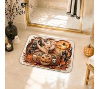 Tapis de salle de bain Halloween citrouilles hantées oiseau Jack-o'-Lantern | Motif maison hantée, tapis de douche, tapis de toilette, accents de feuilles d'automne, décoration d'intérieur saisonnière