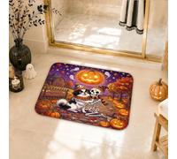 Tapis de salle de bain japonais sur le thème d'Halloween menton et | Tapis de salle de bain à thème effrayant - Paysage d'automne saisonnier - Surface douce en flanelle - Construction absorbante
