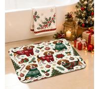 Tapis de salle de bain motif pull de Noël Beagle Dog 40,6 x 61 cm | Chiens beagle en pulls, tapis de bain, accents de feuilles de houx, thème d'hiver confortable, décoration de salle de bain
