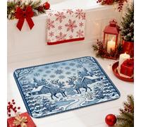 Tapis de salle de bain motif renne d'hiver thème forêt 40,6 x 61 cm | Scène de forêt d'hiver, tapis de sol de salle de bain, motif renne, pins enneigés, dessus en flanelle douce