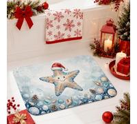Tapis de salle de bain sur le thème des étoiles de mer d'hiver côtière | Tapis de toilette sur le thème de l'hiver côtier, œuvre d'art aquarelle étoile de mer, surface douce au toucher