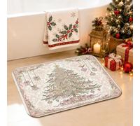 Tapis de salle de bain sur le thème des vacances Arbre de Noël et oiseau | Tapis de sol damassé pour salle de bain, oiseaux d'hiver, boîte cadeau, décorations saisonnières pour la maison