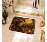 Tapis de salle de bain Thème Halloween Chat sorcière 40,6 x 61 cm | Tapis de bain motif chat sorcier, paysage d'automne, Jack-o'-lanternes, surface en flanelle douce, décoration de salle de