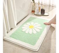 Tapis de salle de bain vert clair, motif marguerite, tapis de bain à fleurs blanches, tapis de salle de bain en microfibre douce, antidérapant, absorbant, lavable en machine, tapis de bain floral