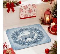 Tapis de salle de bain vintage avec couronne de cerf, 40,6 x 61 cm | Tapis de douche esthétique bleu et blanc, thème forêt d'hiver, décoration de salle de bain saisonnière