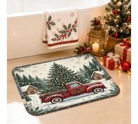 Tapis de salle de bain vintage camion arbre de Noël 50,8 x 81,3 cm | Scène de forêt enneigée, tapis de bain, paysage d'hiver, arbre à feuilles persistantes, cabane confortable