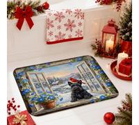 Tapis de salle de bain Winter Scottish Terrier 40,6 x 61 cm | Scène d'hiver, tapis de douche, terrier écossais, oiseau cardinal, fleurs bleues, paysage enneigé, décoration d'intérieur