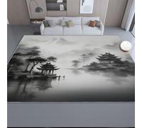 Tapis de Salon 100 x 150 cm, Traditionnel Chinois Peinture À L'Encre Thème Tapis à Poils Ras en Flanelle Lavable avec Support Antidérapant - Gris pour Salle à Manger Chambre d'enfant