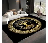 Tapis de Salon 120 x 170 cm, Tapis de Décoration à Imprimé Arbre de Vie Runes Abstrait Oiseaux, Tapis Or Noir à Poils Courts, Antidérapant Rectangulaire Tapis pour Salon, Salle à Manger