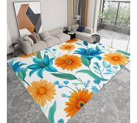 Tapis de Salon 140 x 200 cm Aquarelle Plantes Fleurs Feuilles Vertes, Tapis de Chambre à Poils Courts Orange Bleu, Moquette Antidérapant Doux - Moquette Moderne pour Salle à Manger Bureau Couloir